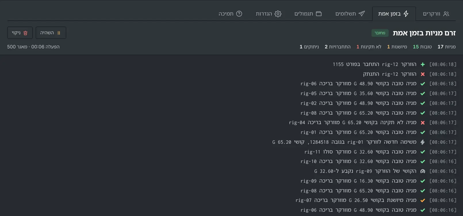 זרם המניות החי עם מניות תקינות, אירוע התחברות ואירוע ניתוק