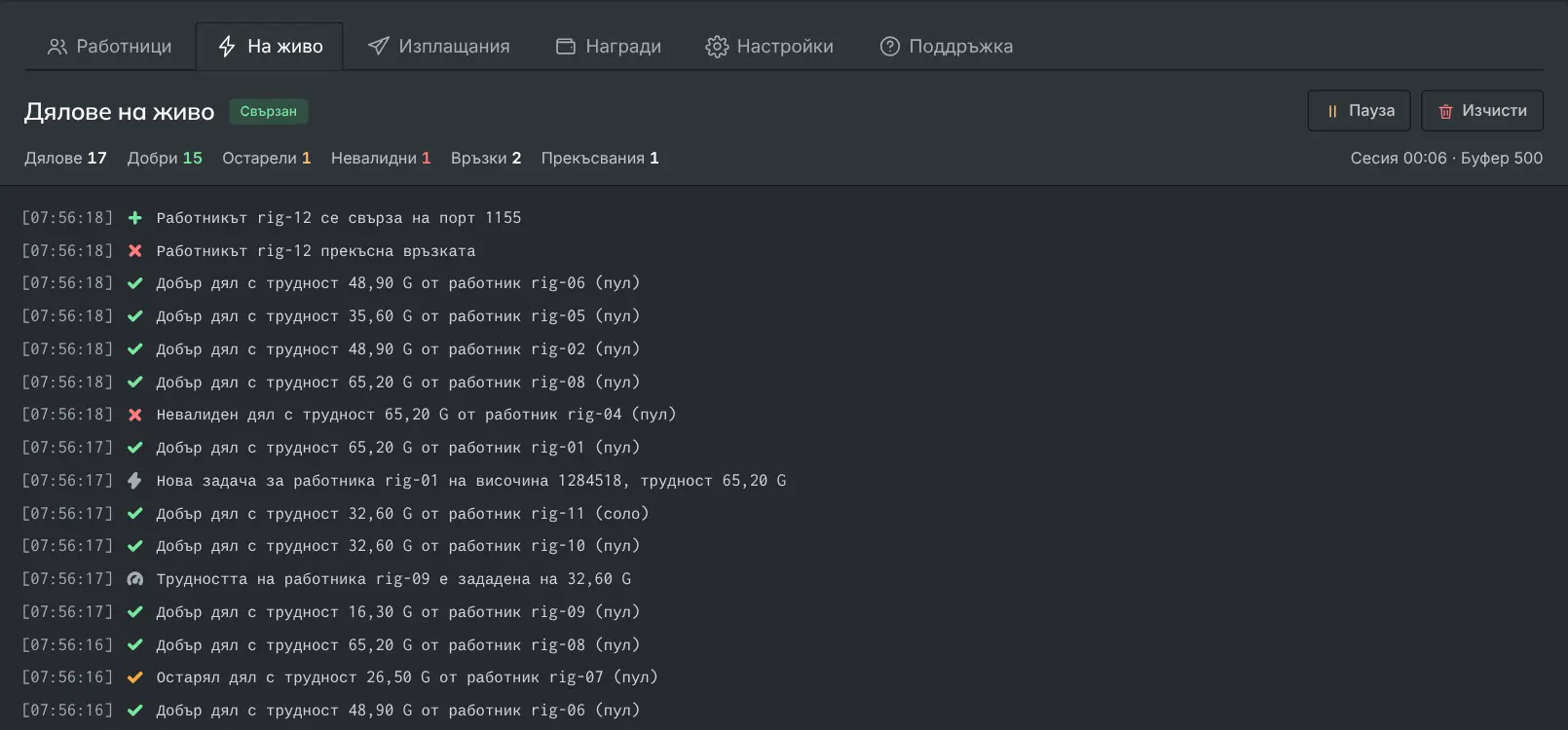 Потокът от дялове на живо, показващ приети дялове и събития в реално време