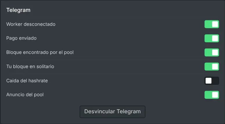 Los ajustes de notificaciones del panel del minero, con un interruptor para cada evento