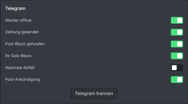 Die Benachrichtigungseinstellungen im Miner-Dashboard mit Schaltern für jedes Ereignis