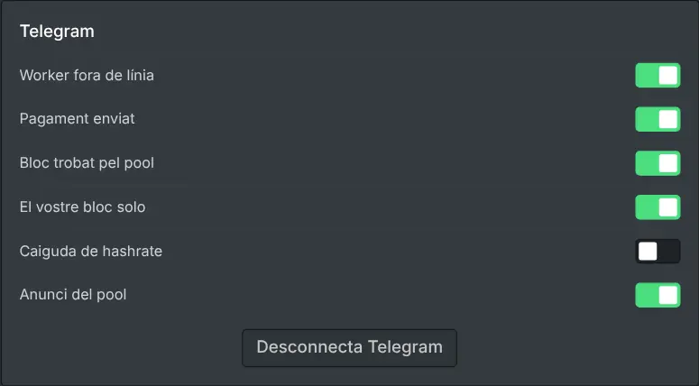 La configuració de notificacions del tauler del miner amb un commutador per a cada tipus d'esdeveniment