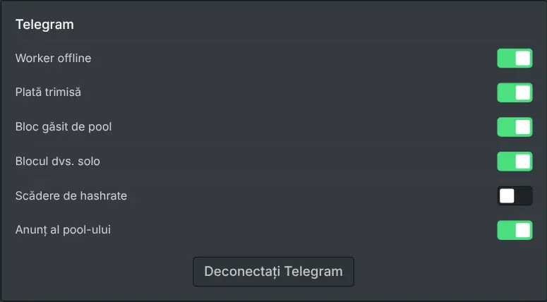 Setările de notificări din dashboard-ul minerului, cu comutatoare pentru fiecare eveniment