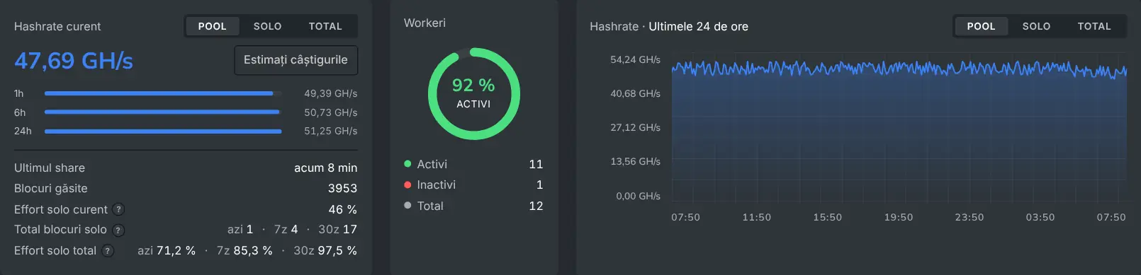 Dashboard-ul minerului, care rezumă contribuția și soldurile unui singur miner