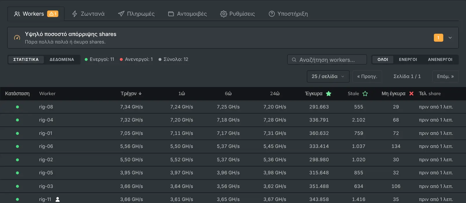 Η καρτέλα Workers με κάθε rig, το hashrate και τα shares του