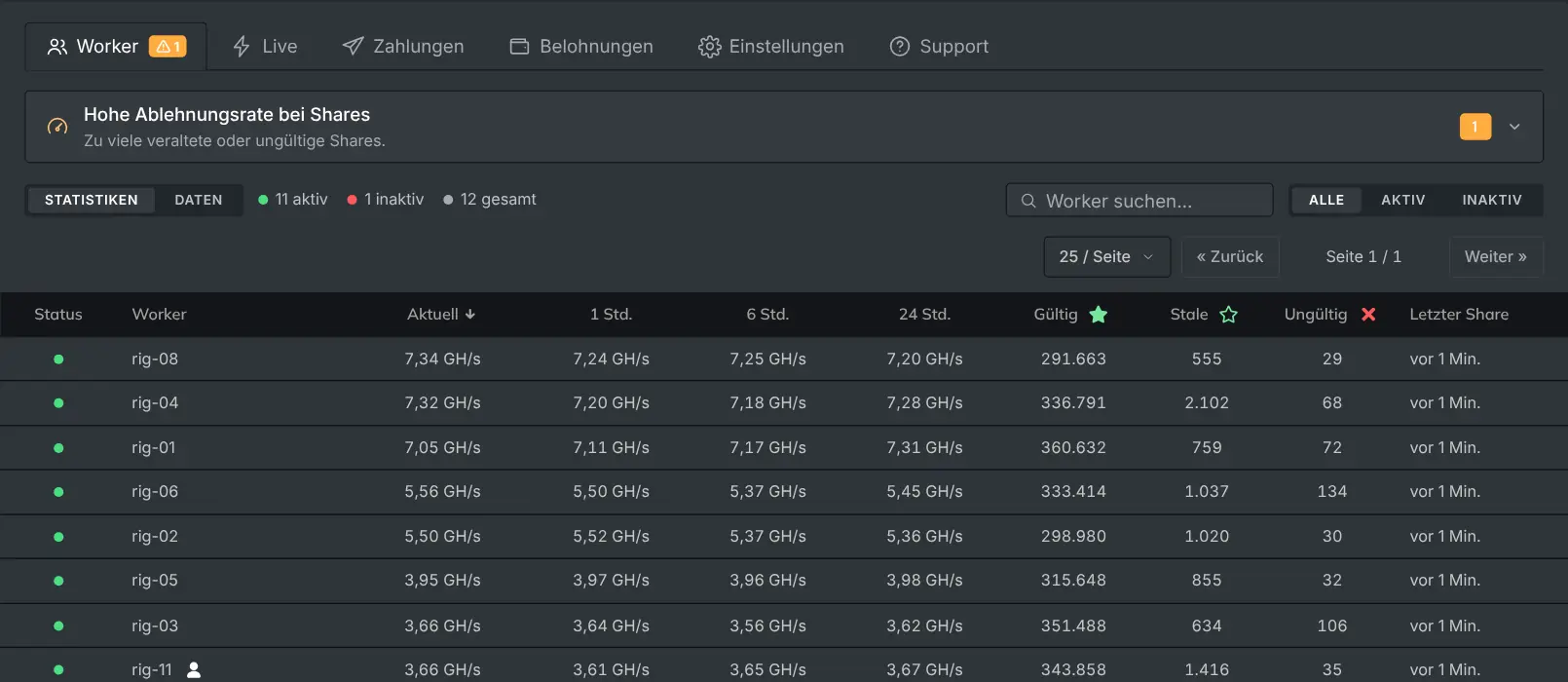 Der Worker-Tab mit jedem Rig, seiner Hashrate und seinen Shares