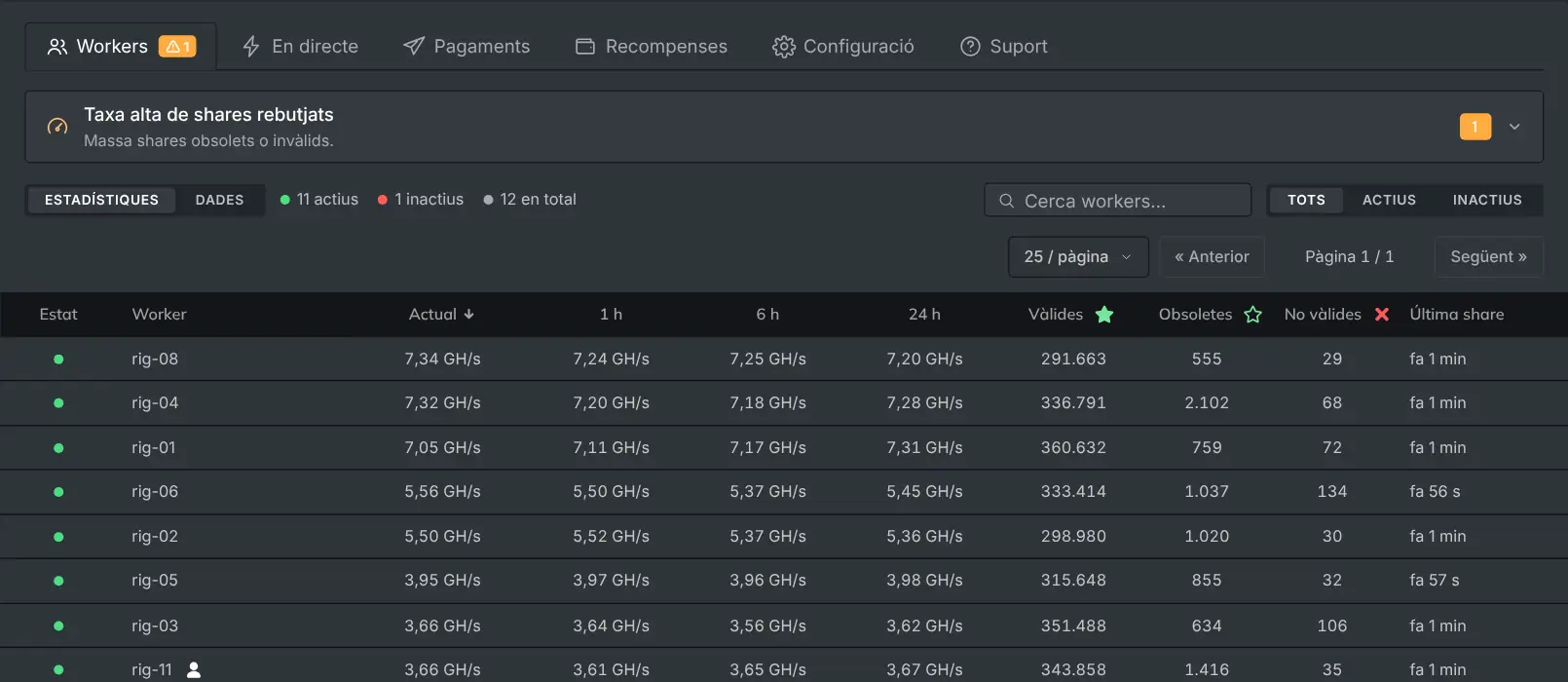 La pestanya Workers amb cada rig, el seu hashrate i les seves shares