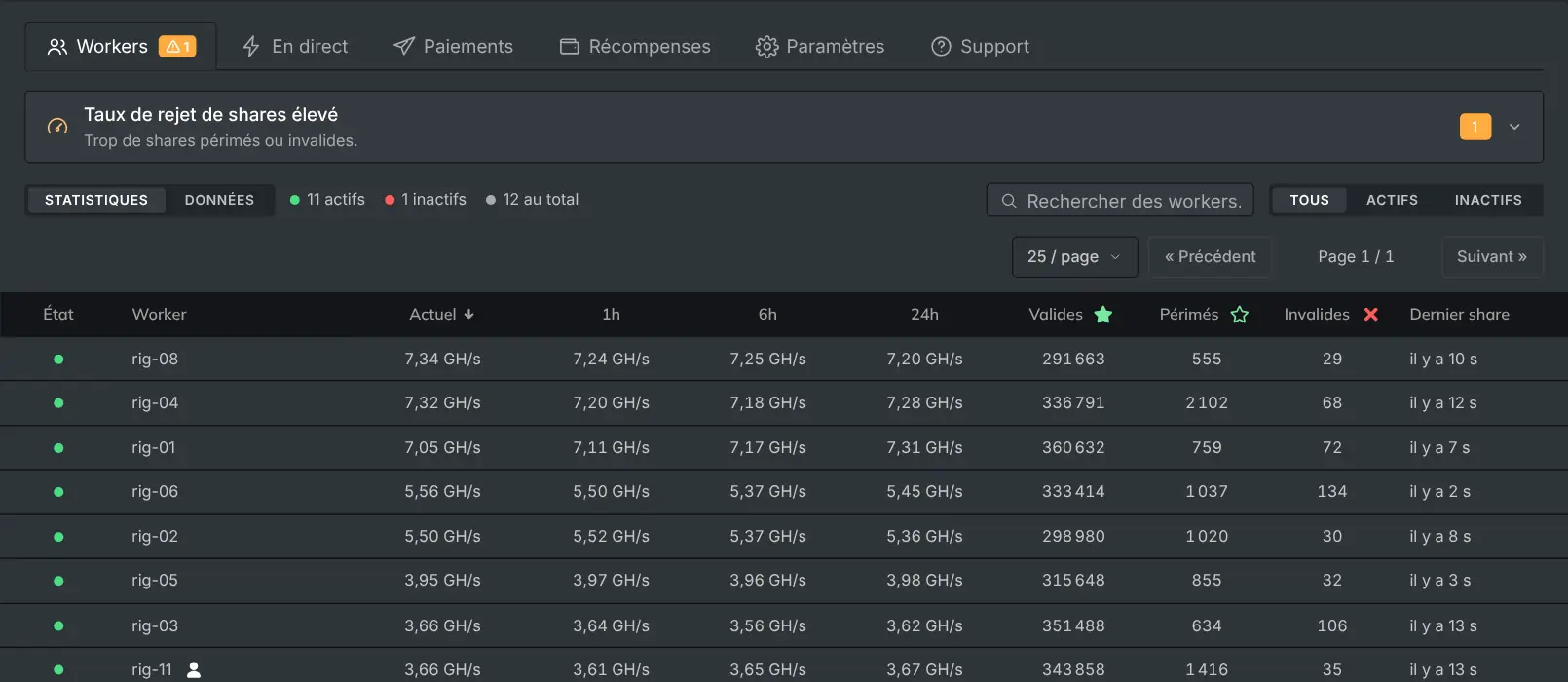 L'onglet Workers avec chaque rig, son hashrate et ses shares