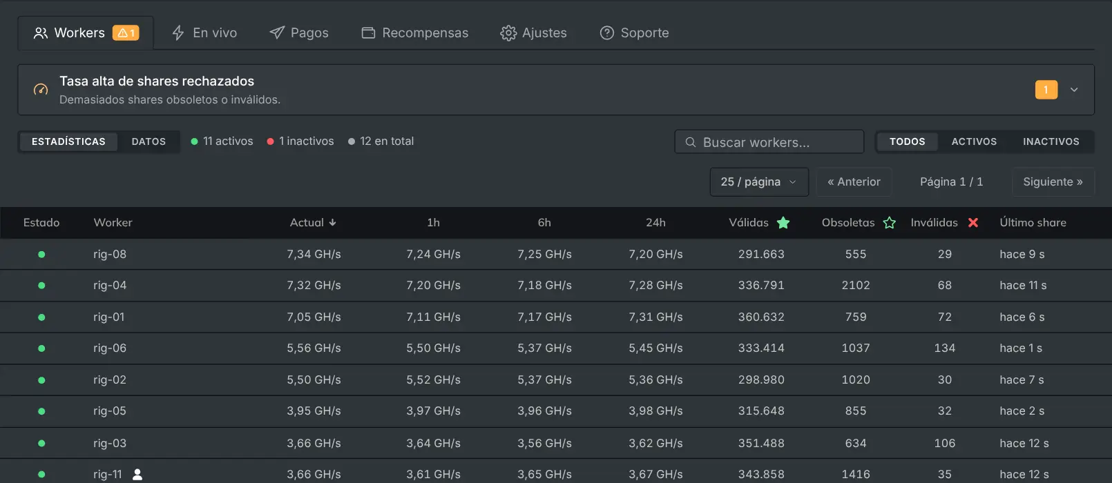 La pestaña Workers con cada rig, su hashrate y sus shares