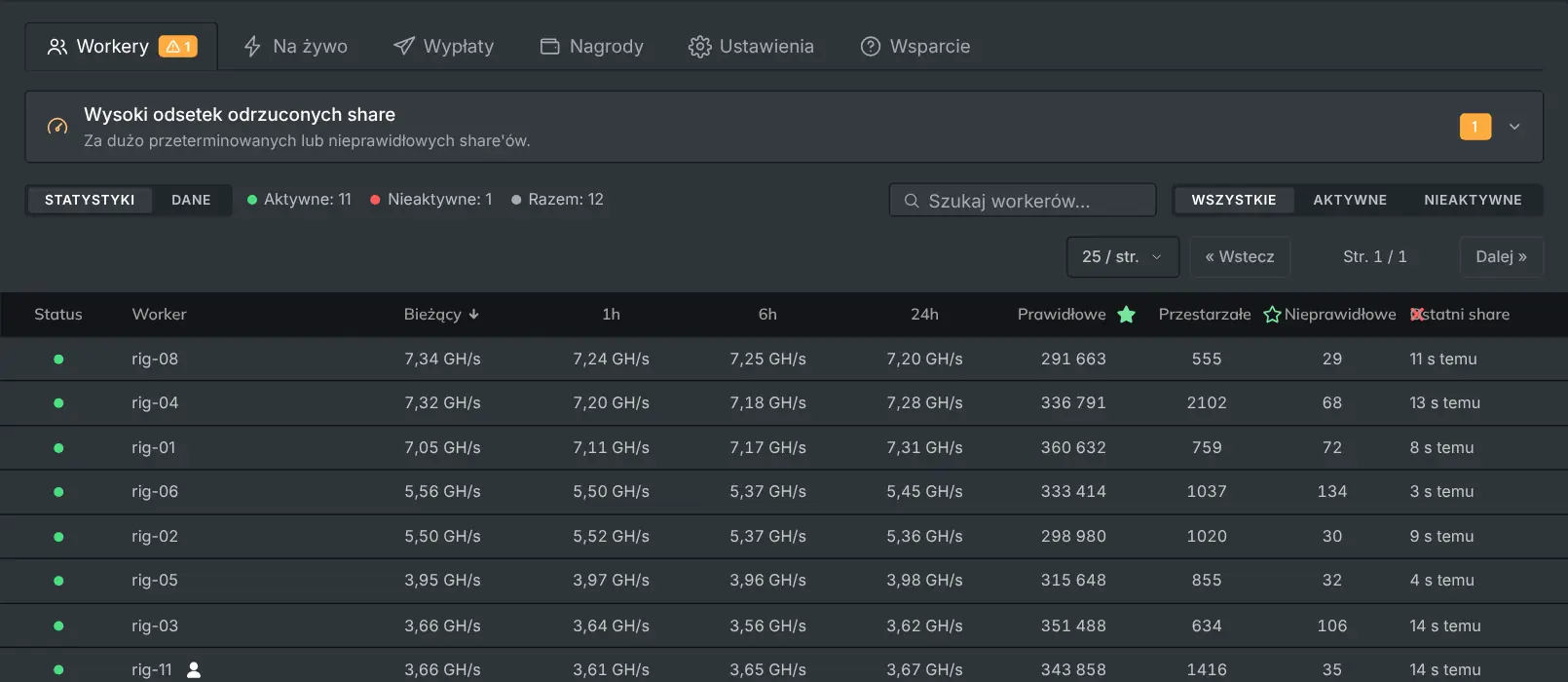 Zakładka Workery z listą koparek, ich hashrate'em i share'ami