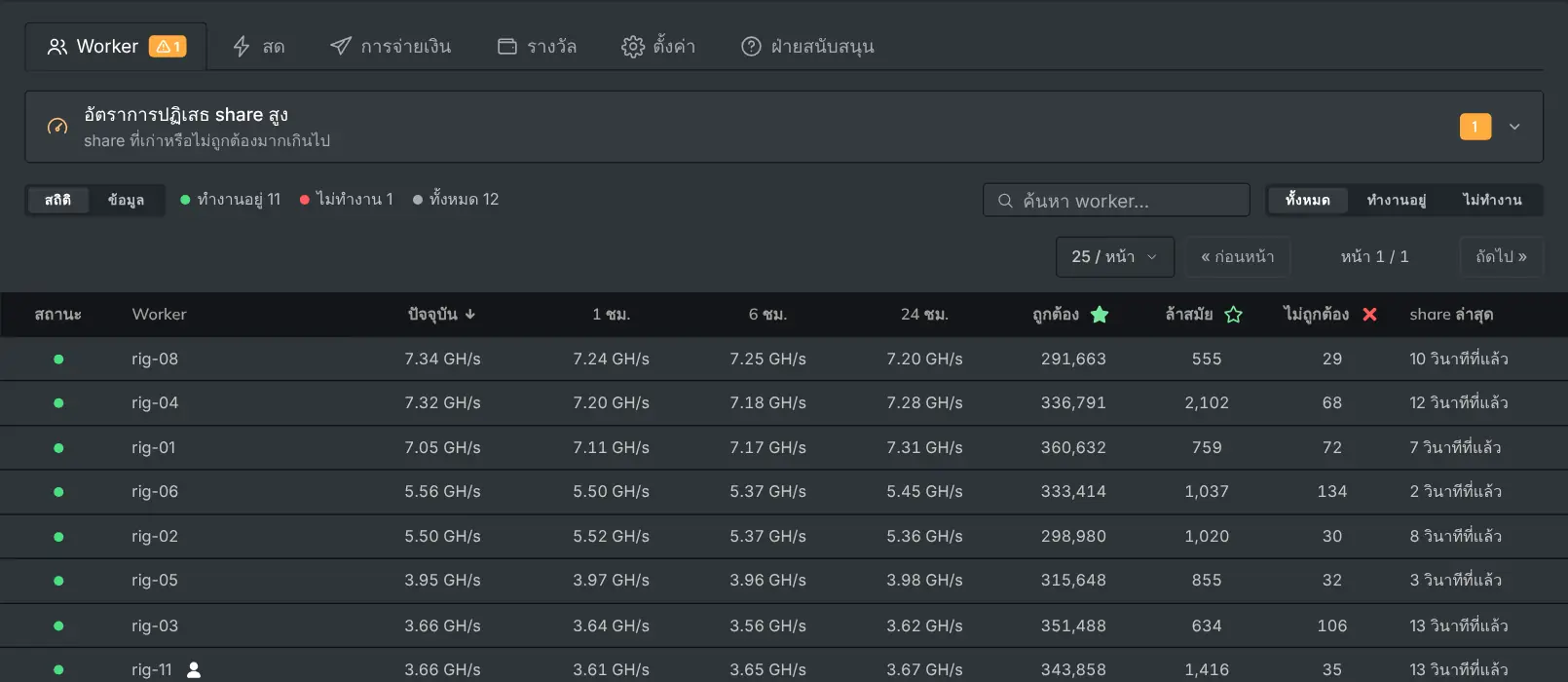 แท็บ “Worker” ที่แสดง rig แต่ละเครื่องพร้อมแฮชเรทและ share