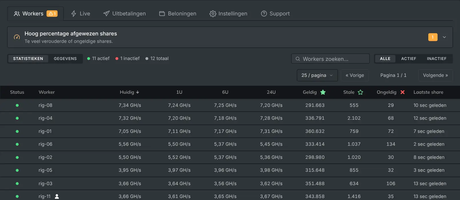 Het tabblad Workers met elke rig en zijn hashrate en shares