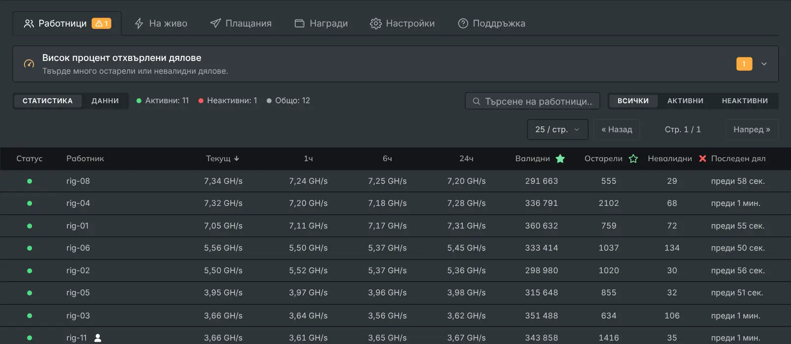 Разделът с работници, показващ всеки риг с неговия хешрейт и дялове