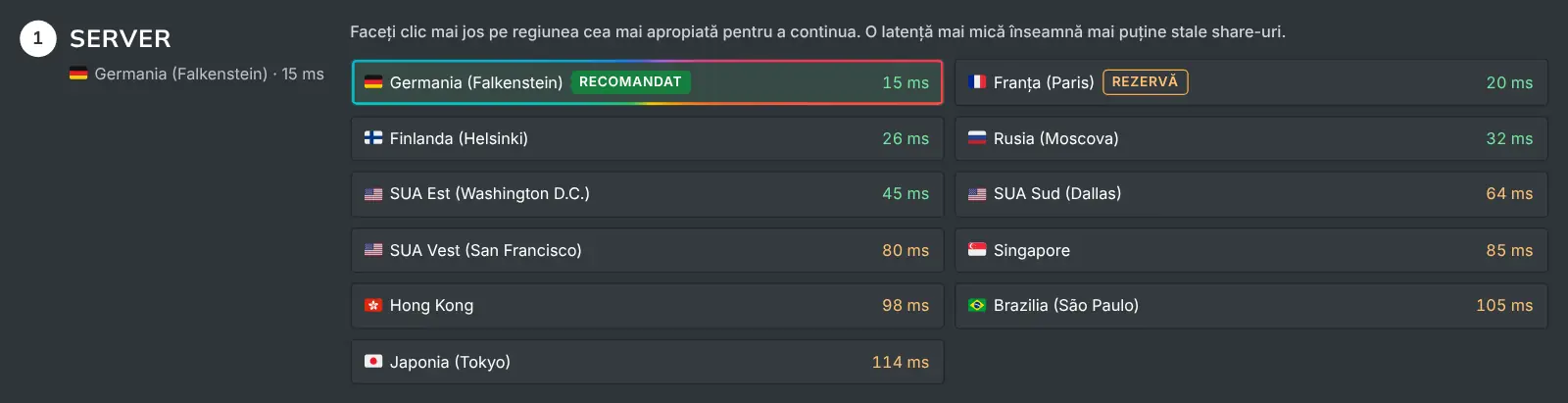 Pasul serverului din Cum să minați, cu fiecare regiune și latența măsurată
