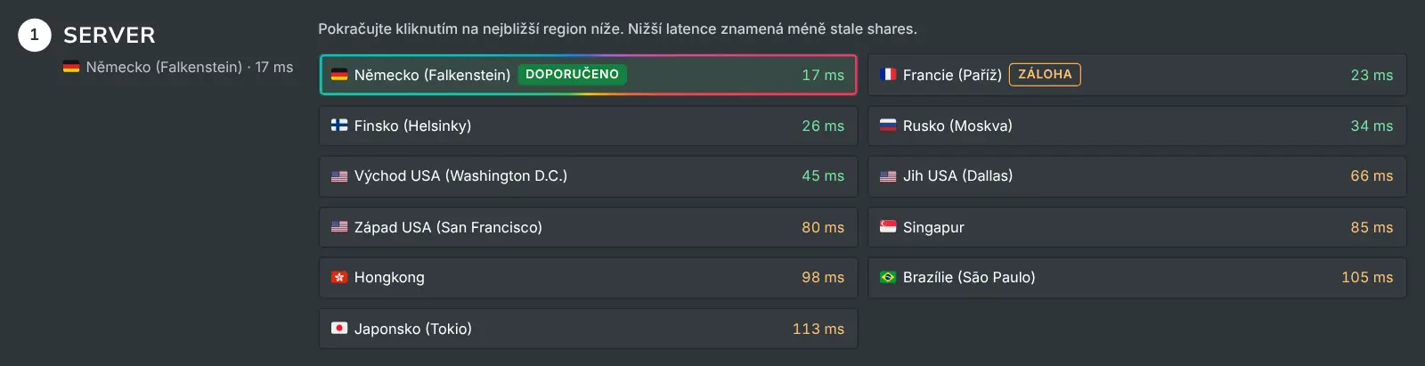Krok výběru serveru v průvodci Jak těžit se seznamem regionů a jejich naměřenou latencí