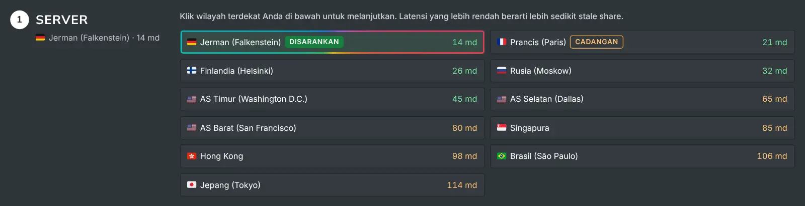 Langkah server di panduan "Cara Mining" yang menampilkan setiap wilayah Quantus