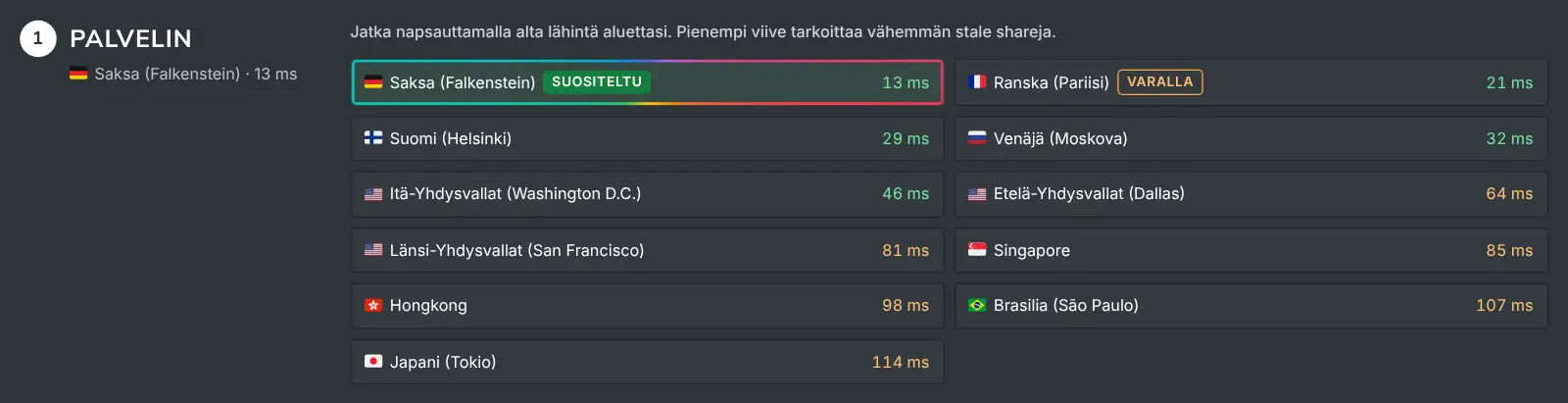Näin louhit -sivun palvelinvaihe, jossa on jokainen alue ja sen mitattu viive