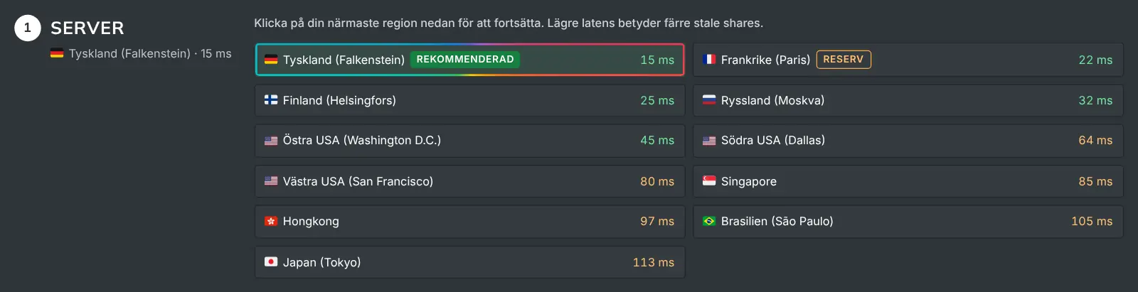 Serversteget på Så minar du som listar varje region med dess uppmätta latens