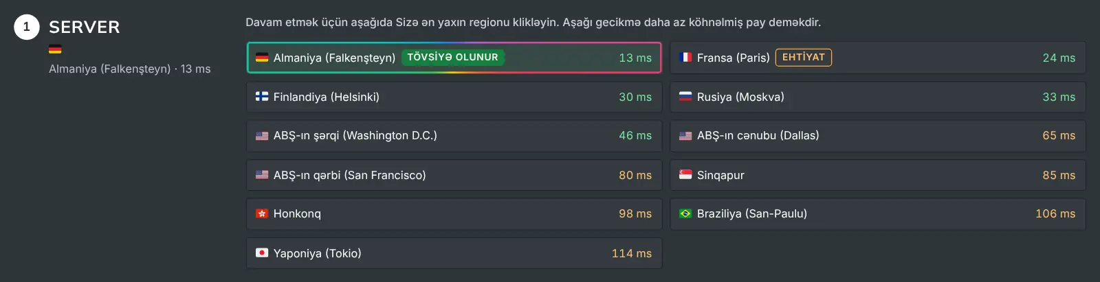 Hər regionu ölçülmüş gecikməsi ilə sadalayan Necə mayninq etməli server addımı