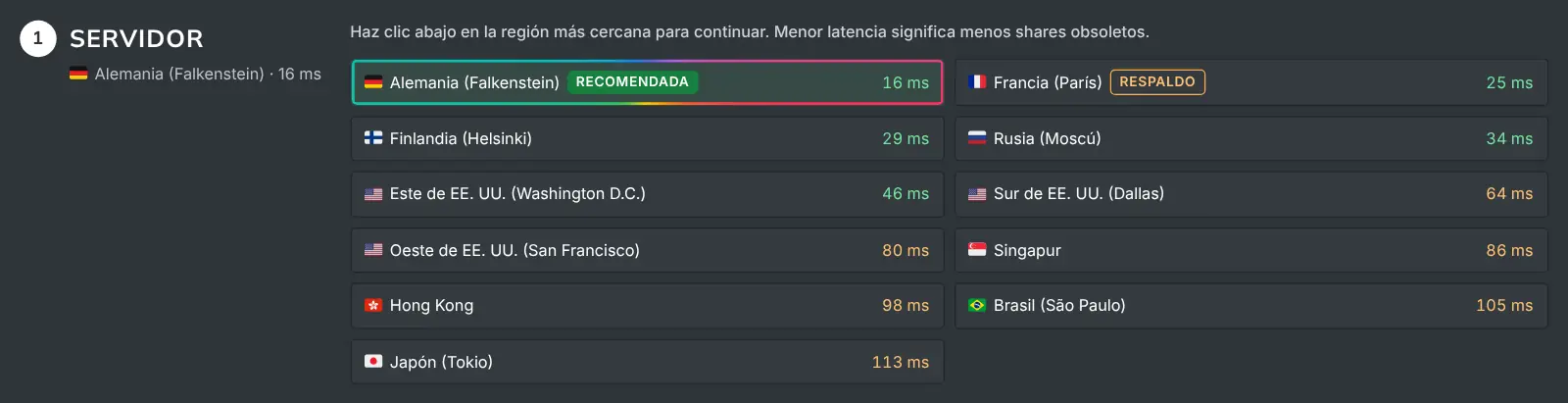 El paso del servidor de Cómo minar con cada región y su latencia medida