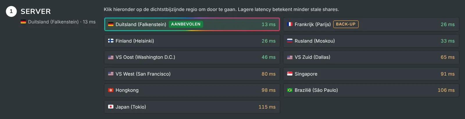 De serverstap van Hoe te minen met elke regio en de gemeten latentie