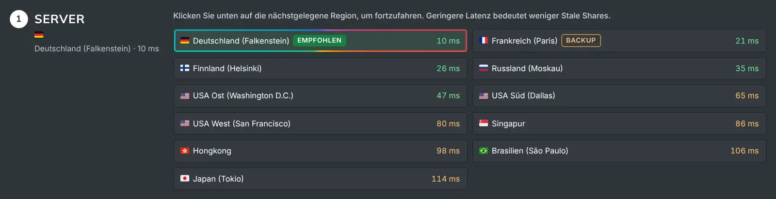 Der Server-Schritt der Mining-Anleitung mit jeder Region und ihrer gemessenen Latenz
