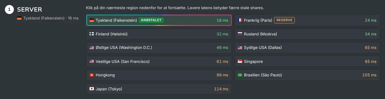 Servertrinnet på Sådan miner du med alle regioner og deres målte latenstid