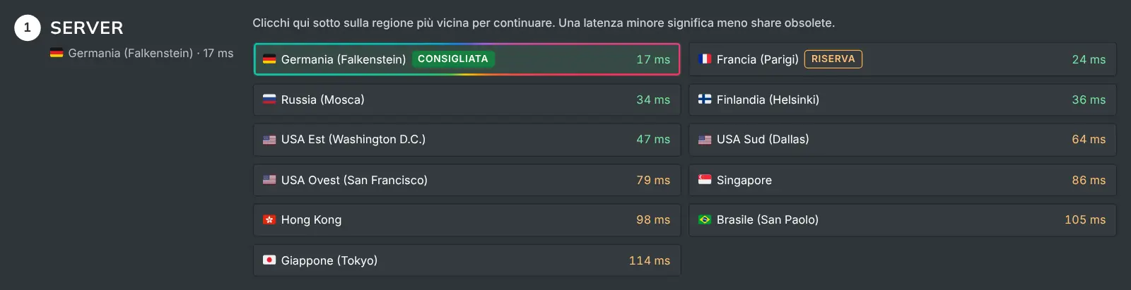 Il passo del server della guida «Come minare» con ogni regione Quantus