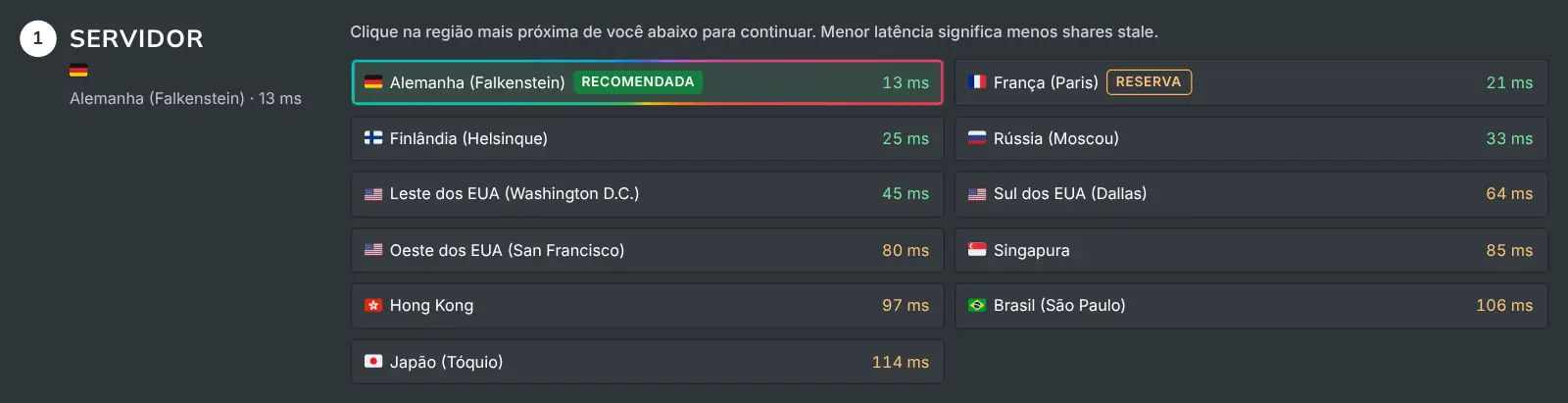 O passo do servidor no guia Como minerar listando cada região Quantus