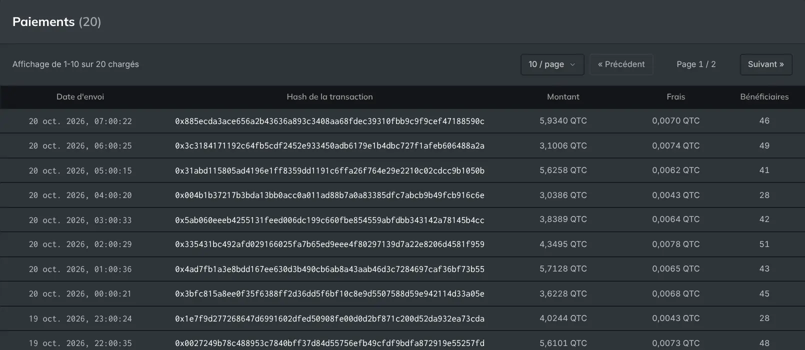 La page publique Paiements avec les paiements récents : heure, hash de la transaction, montant et frais