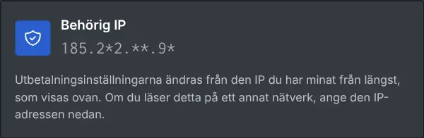 Rutan för utbetalningsinställningar som visar den behöriga IP-adressen, maskerad