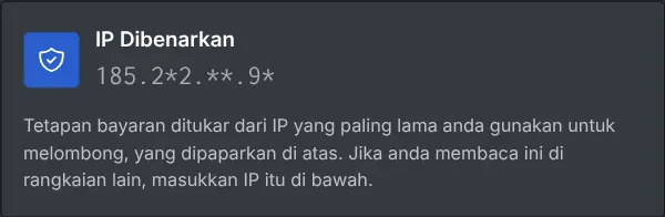 Kotak tetapan bayaran yang menunjukkan IP yang dibenarkan dalam bentuk bertopeng