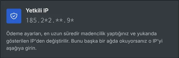 Yetkili IP'yi maskelenmiş olarak gösteren ödeme ayarları kutusu