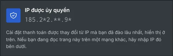 Ô cài đặt thanh toán hiển thị IP được ủy quyền, đã được che một phần