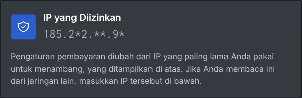 Kotak pengaturan pembayaran yang menampilkan IP yang diizinkan, disamarkan