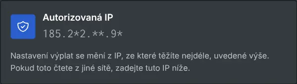 Pole nastavení výplat s autorizovanou IP, maskovanou