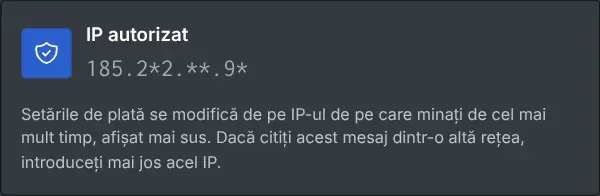 Caseta setărilor de plată, cu IP-ul autorizat, mascat