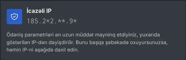 İcazəli IP-ni maskalanmış şəkildə göstərən ödəniş parametrləri qutusu